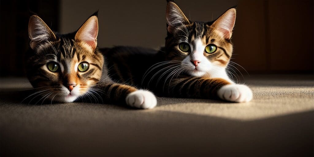 Two cats are lying on a brown surface. The cat on the left is looking at the camera, while the cat on the right is looking away.