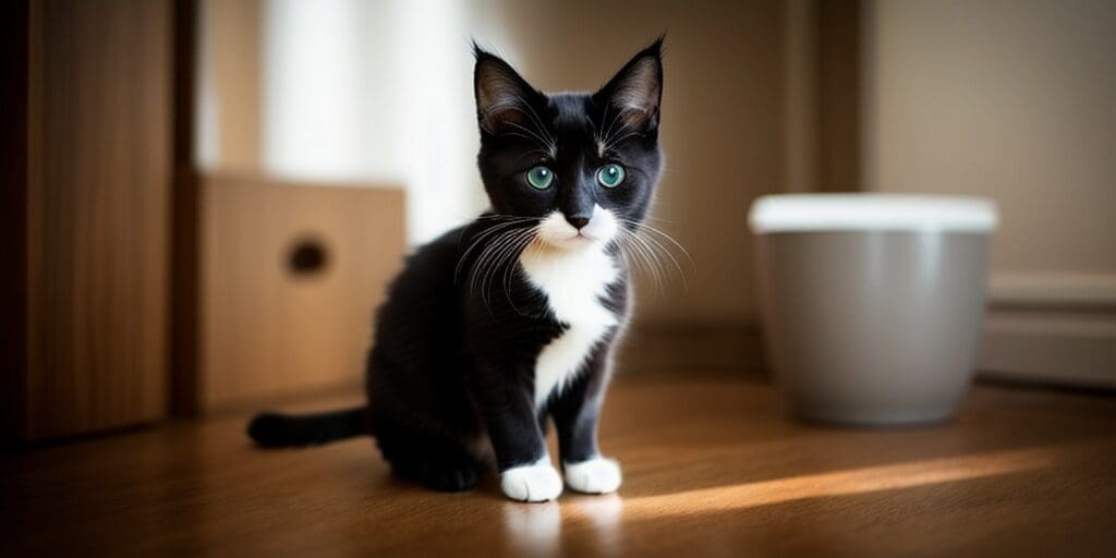 A black and white kitten with blue eyes is sitting on the floor in front of a white background. The kitten is looking at the camera.