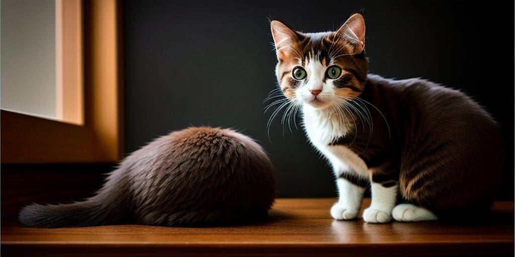 A cat is sitting on a wooden table. The cat has brown and white fur, green eyes, and a pink nose. The cat is looking at the camera. There is another cat in the background, it is mostly out of focus.