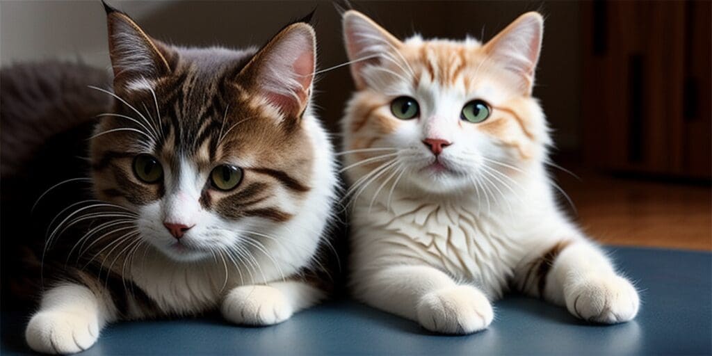 A ginger and white cat and a gray and white cat are sitting side by side on a blue mat.