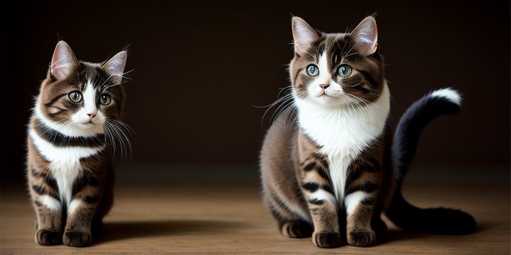 Two adorable tabby cats with big green eyes are sitting side by side, looking at the camera with a curious expression.