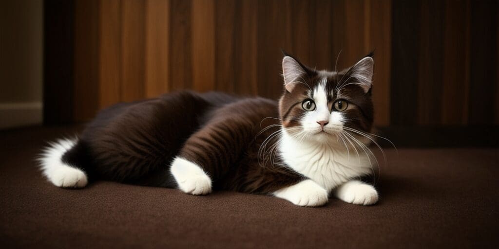 A brown and white cat with long hair is lying on a brown carpet. The cat has its front paws resting in front of him and is looking at the camera. The background is a dark wood wall.