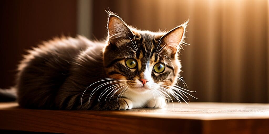A brown tabby cat with white paws and a white belly is lying on a wooden table. The cat is looking at the camera with its green eyes. The background is blurry and there is a warm light shining on the cat.