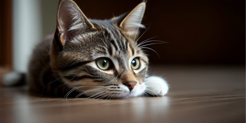 A close up of a tabby cat looking off to the side with a blurred background.