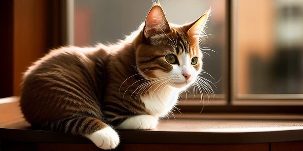 A ginger and white cat is sitting on a table in front of a window. The cat is looking out the window.