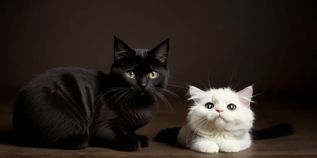 A black cat and a white cat are sitting next to each other on a wooden table. The black cat is looking at the white cat, who is looking at the camera.