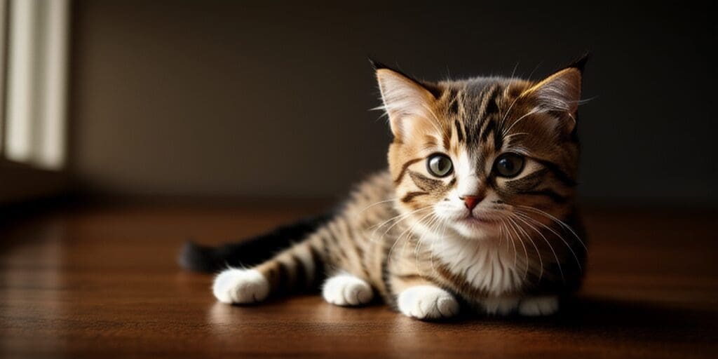 A close-up image of a cute tabby kitten with wide eyes looking at the camera. The kitten is lying on a wooden table with its paws tucked in.