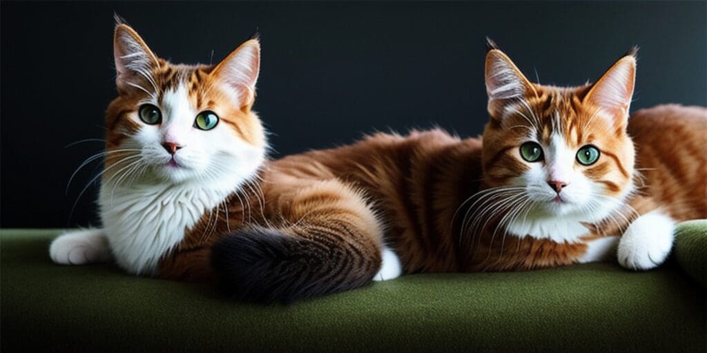 Two ginger cats with white paws and green eyes are lying on a green couch against a black background.