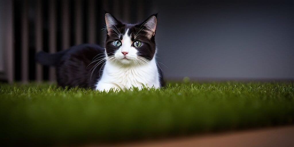 A black and white cat with blue eyes is lying on a green grassy surface. The cat is looking at the camera with a curious expression.