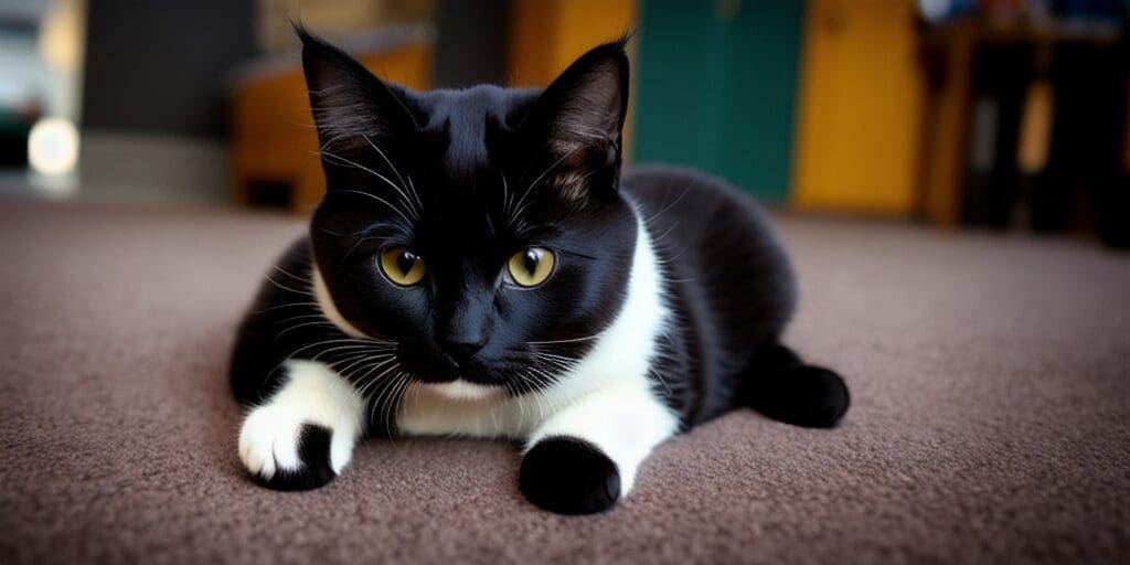 A black and white cat is lying on the brown carpet staring at the camera.