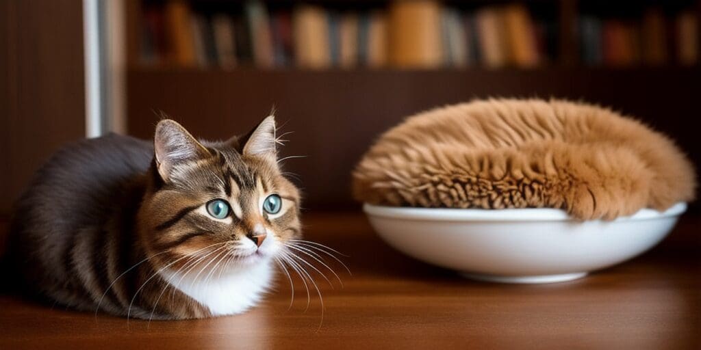A cat is lying on a table. There is a bowl with a fur ball in it next to the cat. The cat is looking at the fur ball.