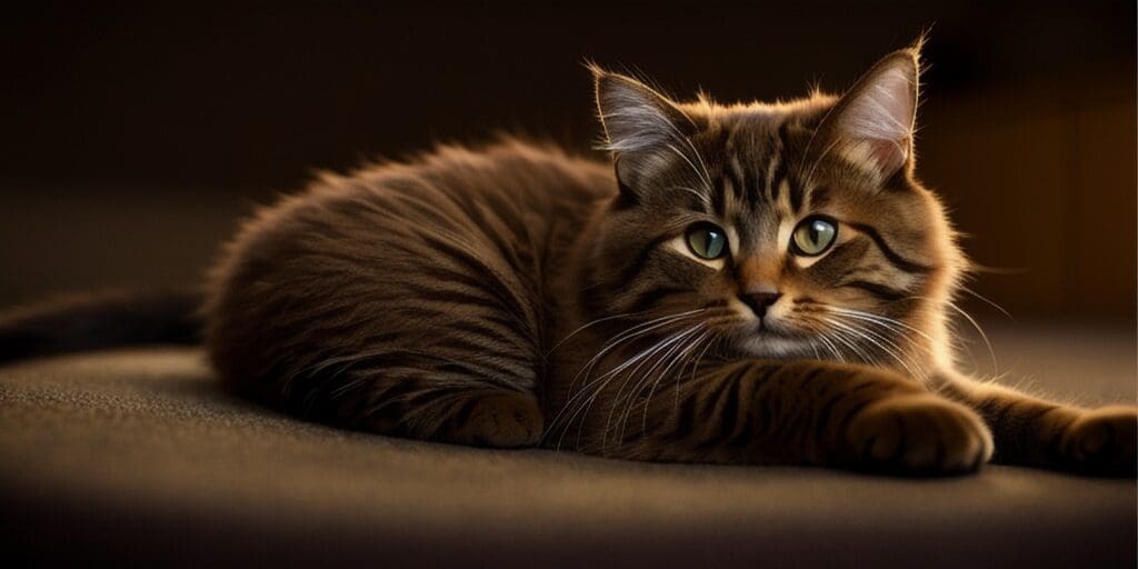A brown tabby cat is lying on a brown surface. The cat has green eyes and is looking at the camera.