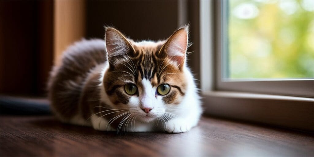 A cat is sitting on a wooden table in front of a window. The cat is white and brown with green eyes.