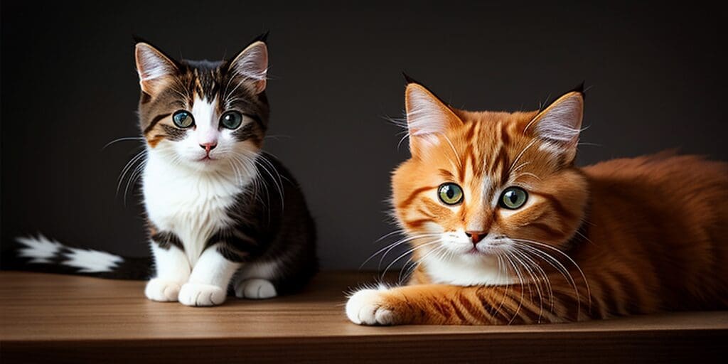 A ginger cat and a tuxedo cat are sitting on a wooden table. The ginger cat is on the right, and the tuxedo cat is on the left.
