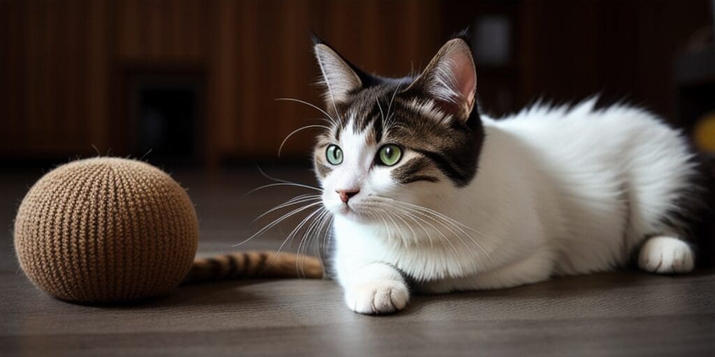 A white and gray cat is lying on the floor next to a brown crocheted ball. The cat has green eyes and is looking away from the ball.
