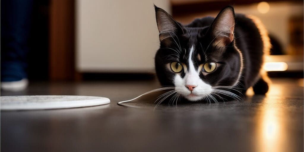 A black and white cat is lying on the floor, looking at a white object. The cat is in focus and the background is blurred.