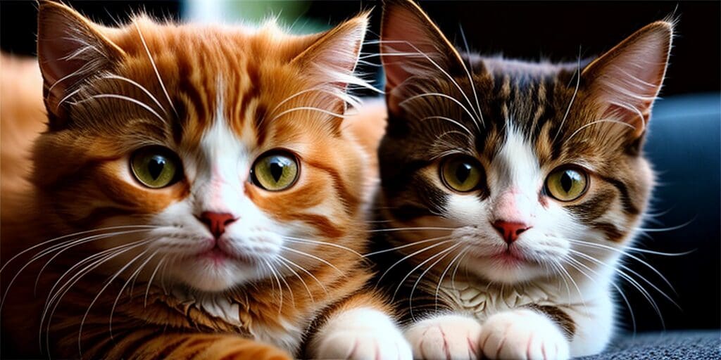 A close-up of two cats sitting side by side, looking at the camera. The cat on the left is orange and white, while the cat on the right is brown, black, and white.