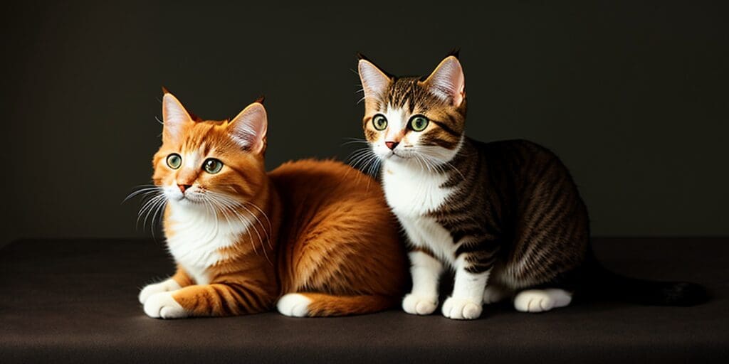 Two cats, one orange and white, the other brown and white, are sitting next to each other on a dark brown surface.