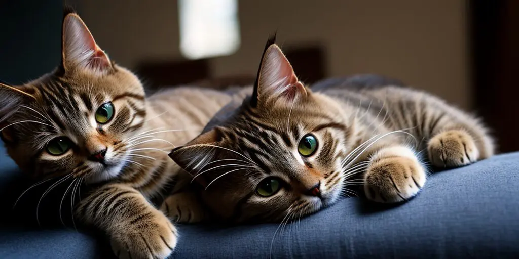 Two cute tabby cats are lying on a blue couch looking at the camera.