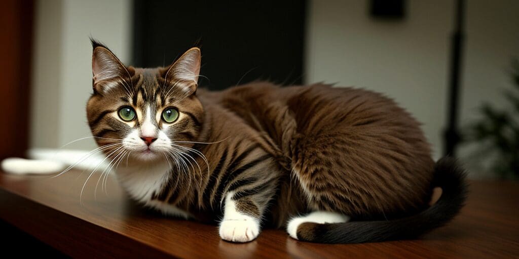 A brown tabby cat with white paws and a white belly is sitting on a wooden table. The cat has green eyes and is looking at the camera.
