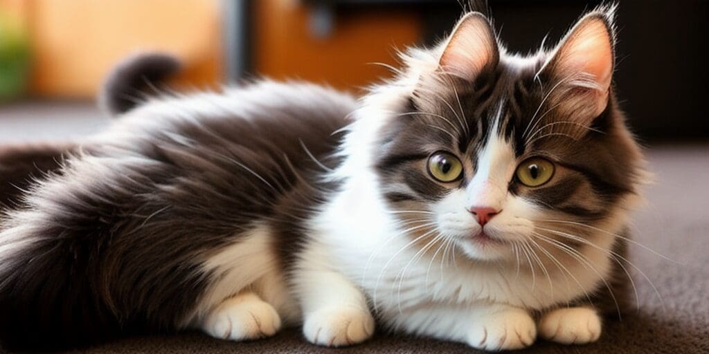 A gray and white long-haired cat is sitting on the floor. The cat has green eyes and a pink nose.