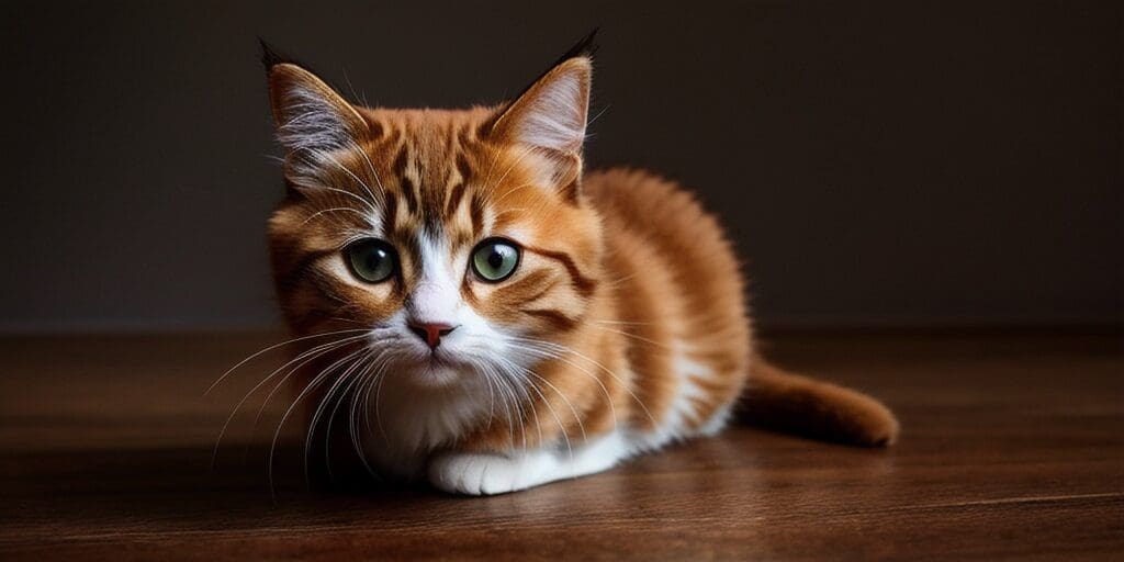 A ginger and white cat is sitting on a wooden table. The cat is looking at the camera with its green eyes.