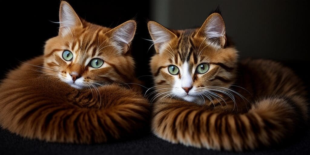 Two fluffy cats with big green eyes are lying on a black surface. The cat on the left is orange, and the cat on the right is brown.