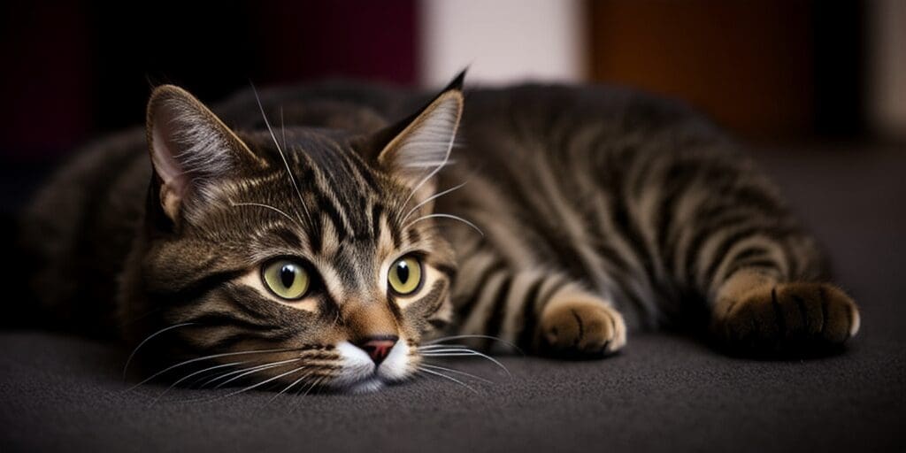 A brown tabby cat is lying on a gray carpet. The cat has green eyes and is looking to the right.