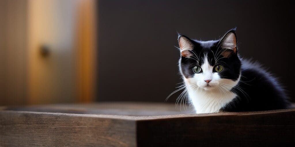 A black and white cat is sitting in a wooden box. The cat has green eyes and is looking at the camera. The background is blurry.