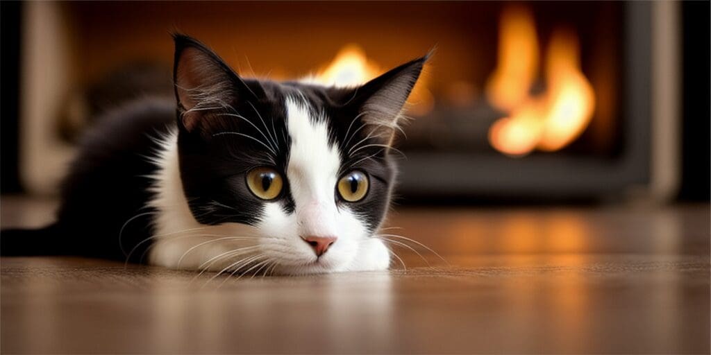 A black and white cat is lying on the floor in front of a fireplace. The cat has its head resting on its paws and is looking at the camera. The fire is burning in the fireplace and there is a warm glow on the cat's face.
