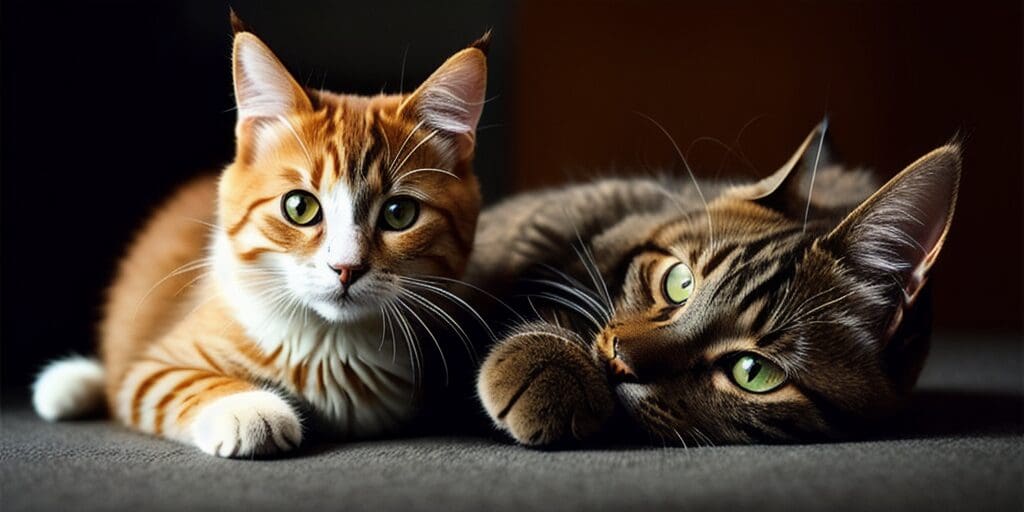 A ginger cat and a tabby cat are lying on a gray surface. The ginger cat is looking at the camera, while the tabby cat is looking away.