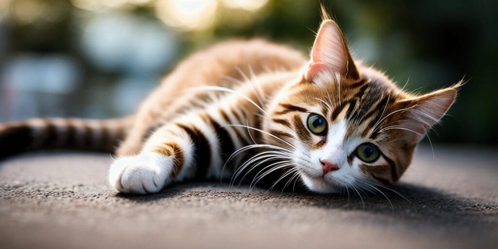 A ginger and white kitten is lying on the ground, looking at the camera with wide green eyes. The kitten's fur is short and striped, and its tail is curled up at the end. The background is blurry and out of focus.