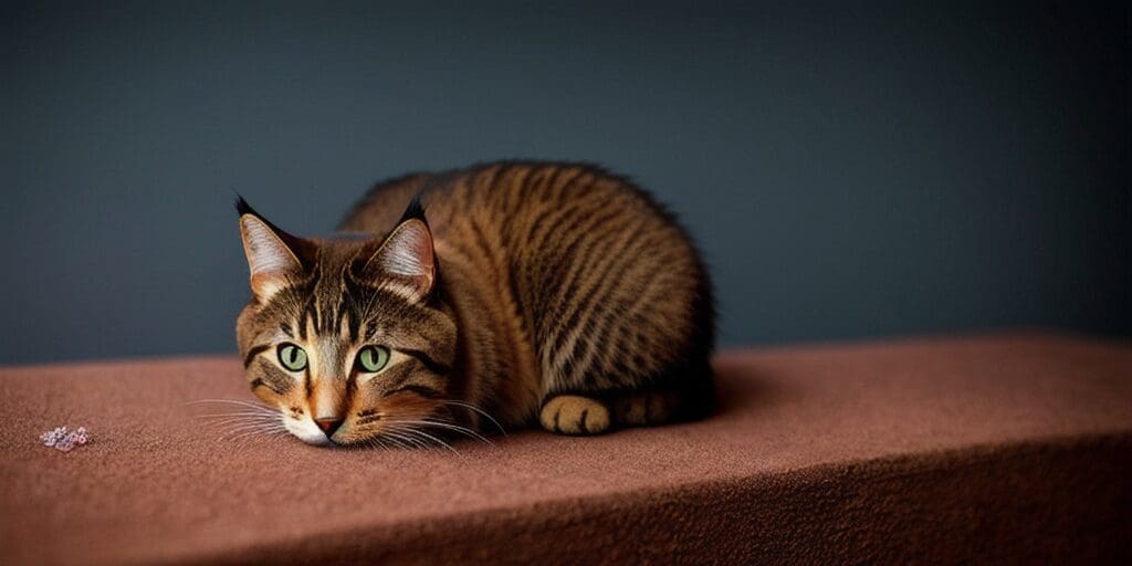 A brown tabby cat with green eyes is lying on a brown carpet. The cat is looking at something just off camera.