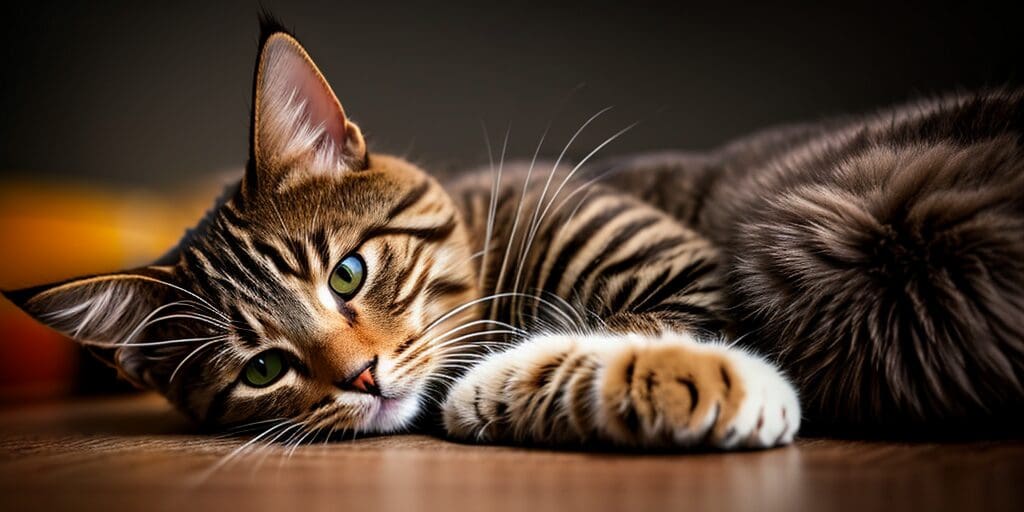 A close-up image of a tabby cat lying on a wooden floor. The cat has green eyes and is looking at the camera.
