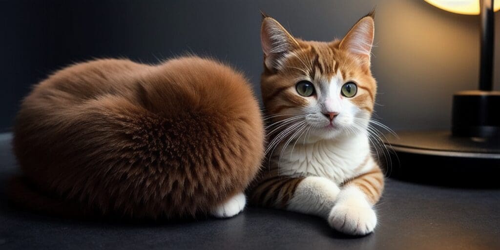 A ginger and white cat is sitting on a table next to a lamp. The cat is looking at the camera with its green eyes.