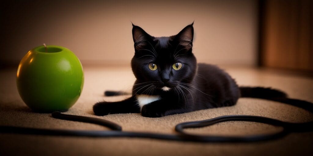 A black cat is lying on the floor next to a green apple. The cat has white paws and a white belly. The cat is looking at the camera.