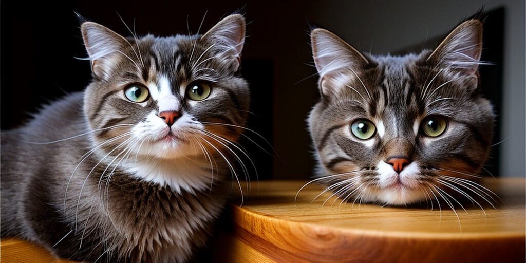 A split image of two cats. On the left, a long-haired cat is sitting up and looking at the camera. On the right, a shorthaired cat is lying down with its head resting on a wooden table, also looking at the camera.