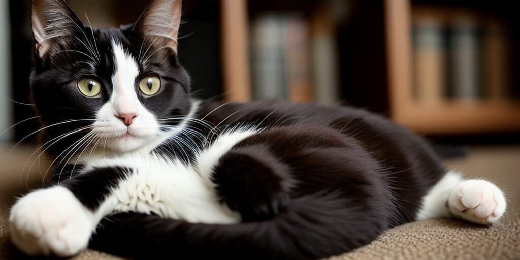 A black and white cat is lying on the floor in front of a bookshelf. The cat has green eyes and a white belly, paws, and face.