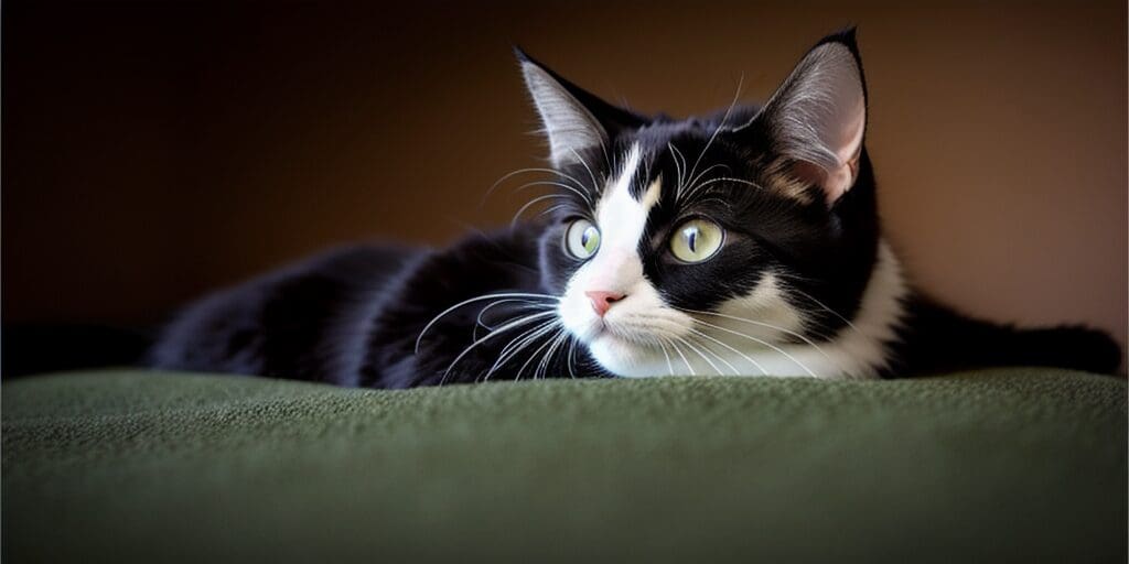 A black and white cat is lying on a green blanket. The cat has green eyes and is looking to the right.