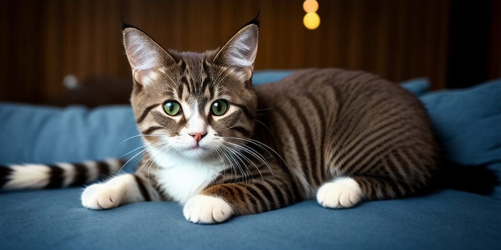 A brown tabby cat with white paws and a white belly is lying on a blue couch. The cat has green eyes and is looking at the camera.