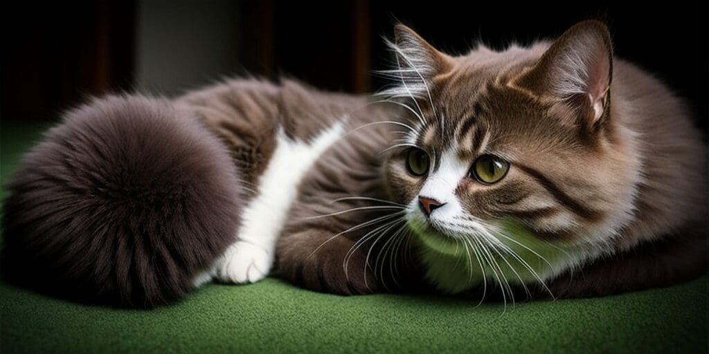 A brown and white cat with green eyes is lying on a green carpet. The cat has a long tail and is looking to the right.