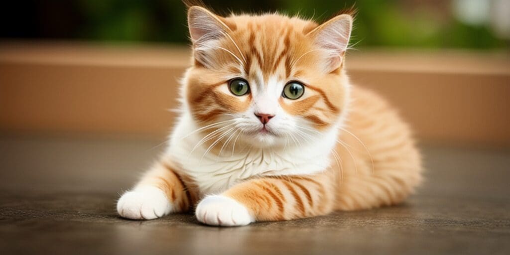 A ginger and white kitten is lying on the ground looking at the camera. The kitten has green eyes and a pink nose.