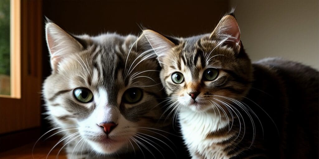 A tabby cat and a calico cat are sitting next to each other, looking at the camera.