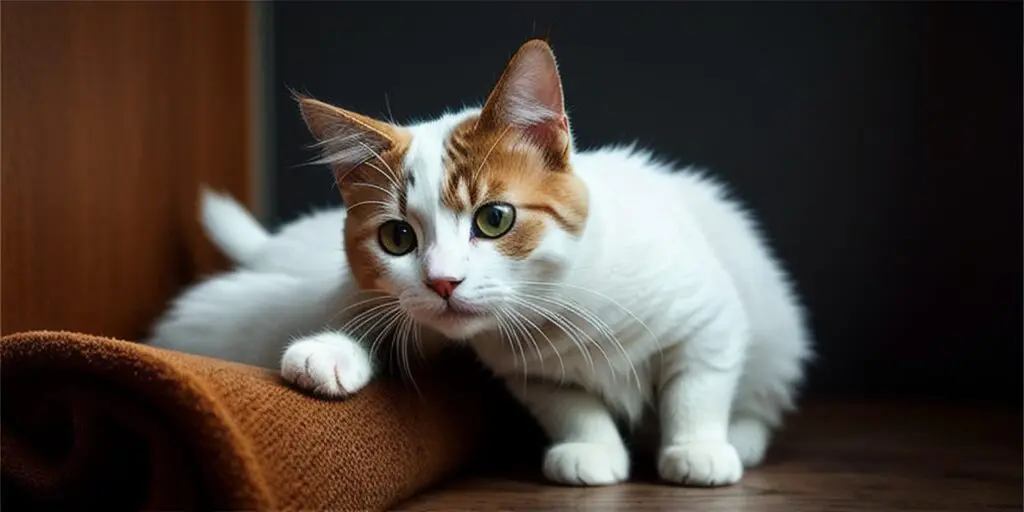 A ginger and white cat is sitting on a brown blanket. The cat has green eyes and is looking at the camera.