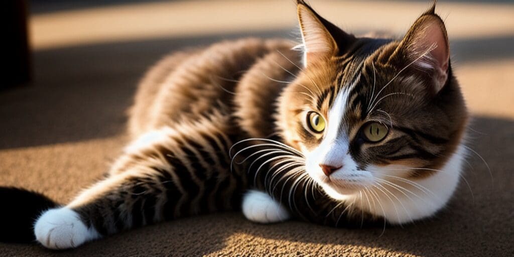A brown tabby cat with white paws and a white belly is lying on the ground. The cat has green eyes and is looking to the right. The cat is in a sunny spot and the fur on its back is illuminated.