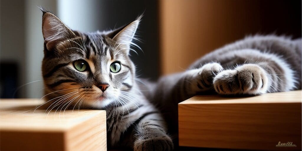 A cat is lying on a wooden table. The cat has its head resting on one paw and is looking at the camera. The cat has green eyes and gray fur.