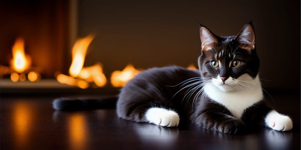 A black and white cat is lying in front of a fireplace. The cat is looking at the camera. The fire is burning brightly.