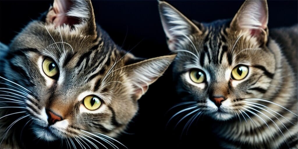 A close-up of two cats looking at the camera with dark background.