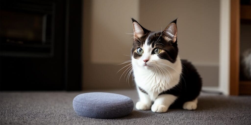 A cat sits next to a Google Home Mini smart speaker. The cat is looking away from the camera.
