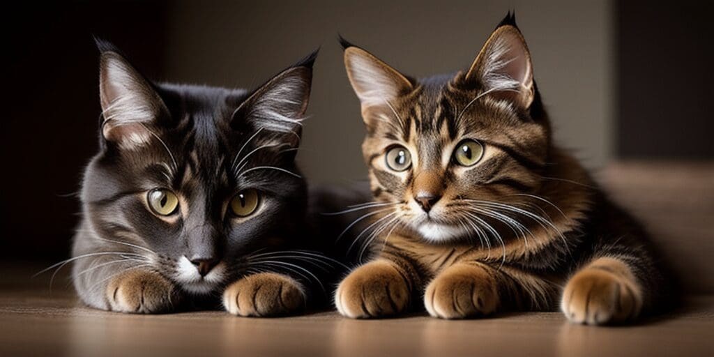 A close up of two cats sitting next to each other, looking at the camera. The cat on the left is dark grey and the cat on the right is brown tabby.